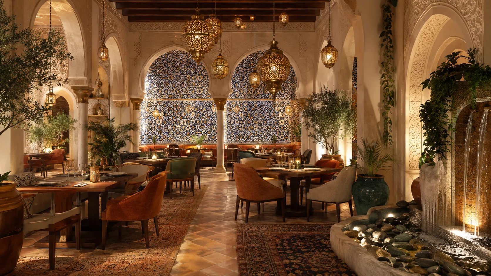 مطعم سعودي أندلسي فاخر بأقواس حدوة الفرس وأزوليخو ونافورة داخلية مطعم سعودي أندلسي فاخر بأقواس وفناء ونافورة دافئة أنيقة